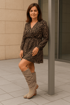Khaki slouch knee-high boots with block heel, pull-on style on model