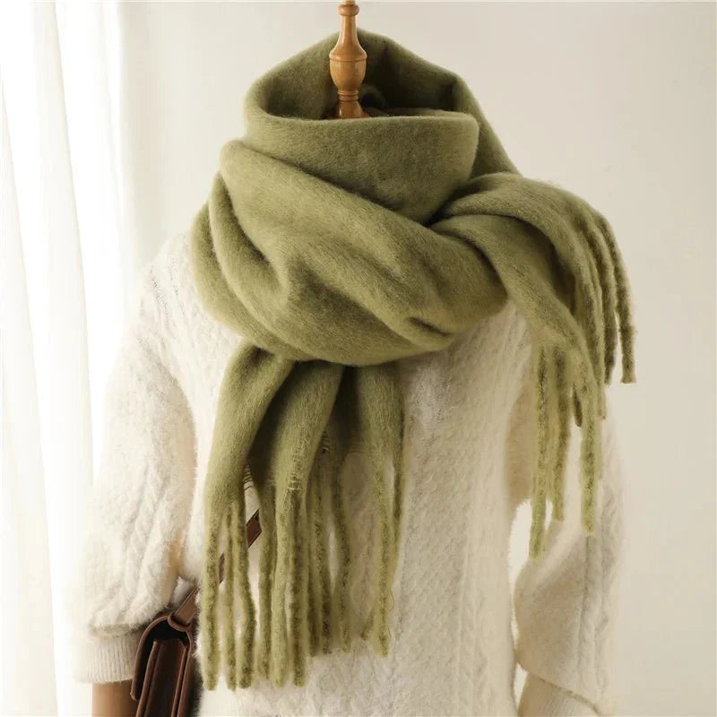 Cashmere-like winter scarf in olive green with long fringe tassels