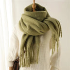 Cashmere-like winter scarf in olive green with long fringe tassels