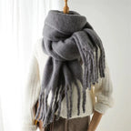 Cashmere-like winter scarf in medium gray with long fringe tassels