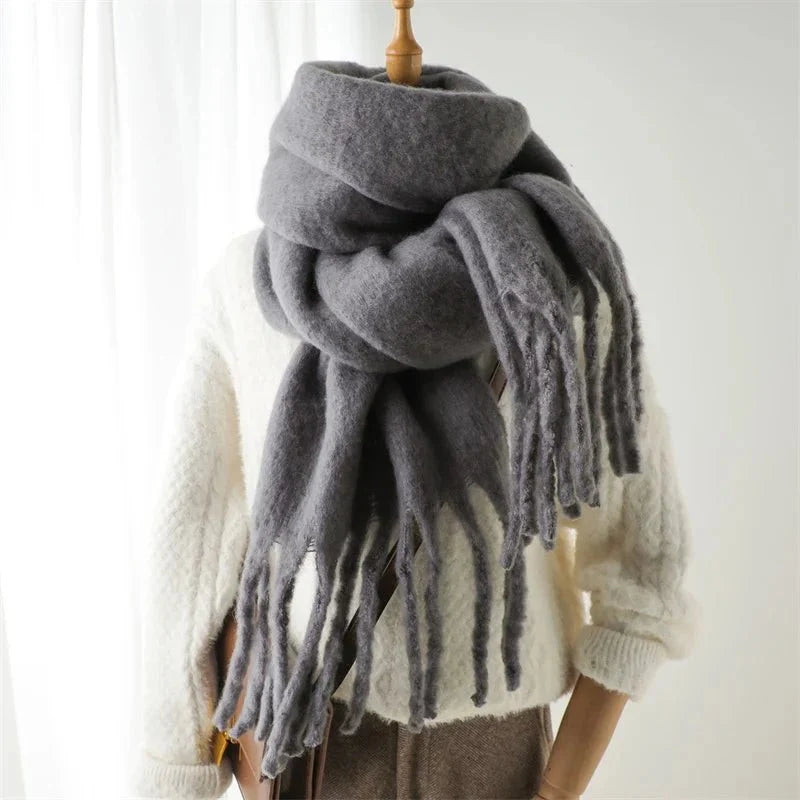 Cashmere-like winter scarf in medium gray with long fringe tassels
