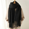 Cashmere-like winter scarf, dark gray/black with long fringe tassels