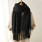 Cashmere-like winter scarf, dark gray/black with long fringe tassels
