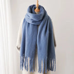 Cashmere-like winter scarf in blue with long fringe tassels