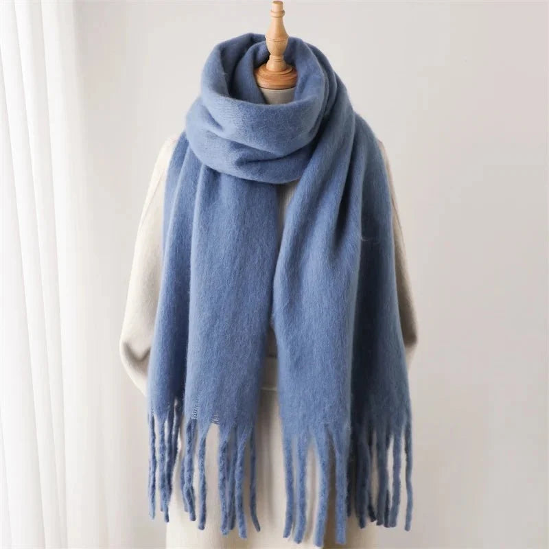 Cashmere-like winter scarf in blue with long fringe tassels