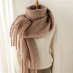Cashmere-like winter scarf in light brown with long fringe tassels