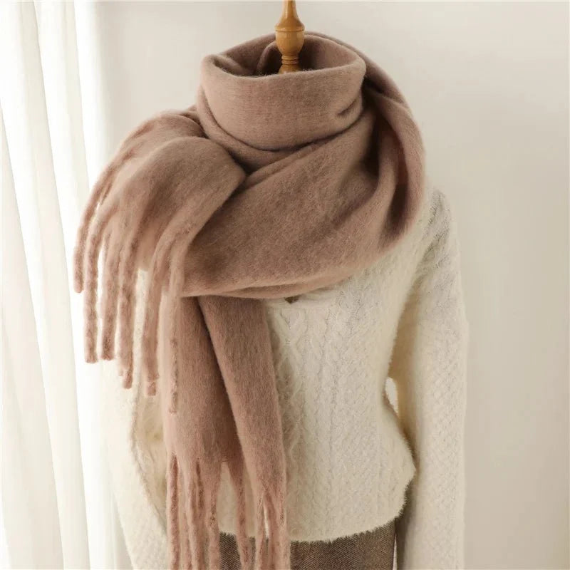 Cashmere-like winter scarf in light brown with long fringe tassels