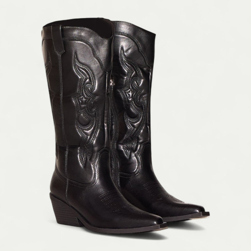Women's black leather western boots with detailed stitched design and low stacked heel