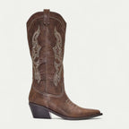 Women's brown suede western boots with stitched swirl panels and stacked heel