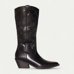 Women's black leather western boots with pointed toe, stitched panels, and stacked heel