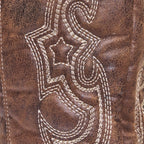 Women's brown suede western boots close-up: white contrast stitch swirl detailing