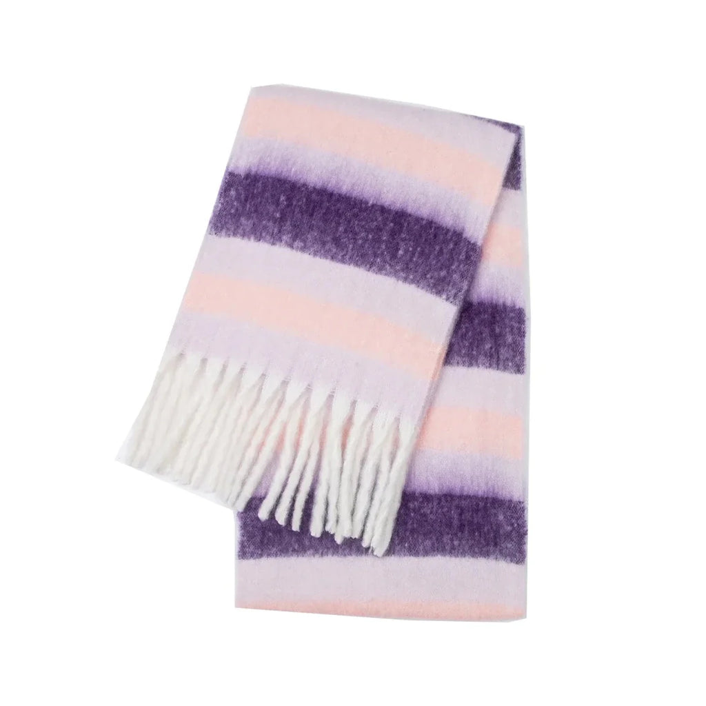 Peach and purple striped cashmere winter scarf with long white fringe ends