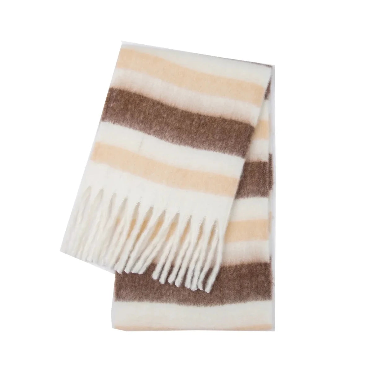 Beige and brown striped cashmere winter scarf with white fringe ends
