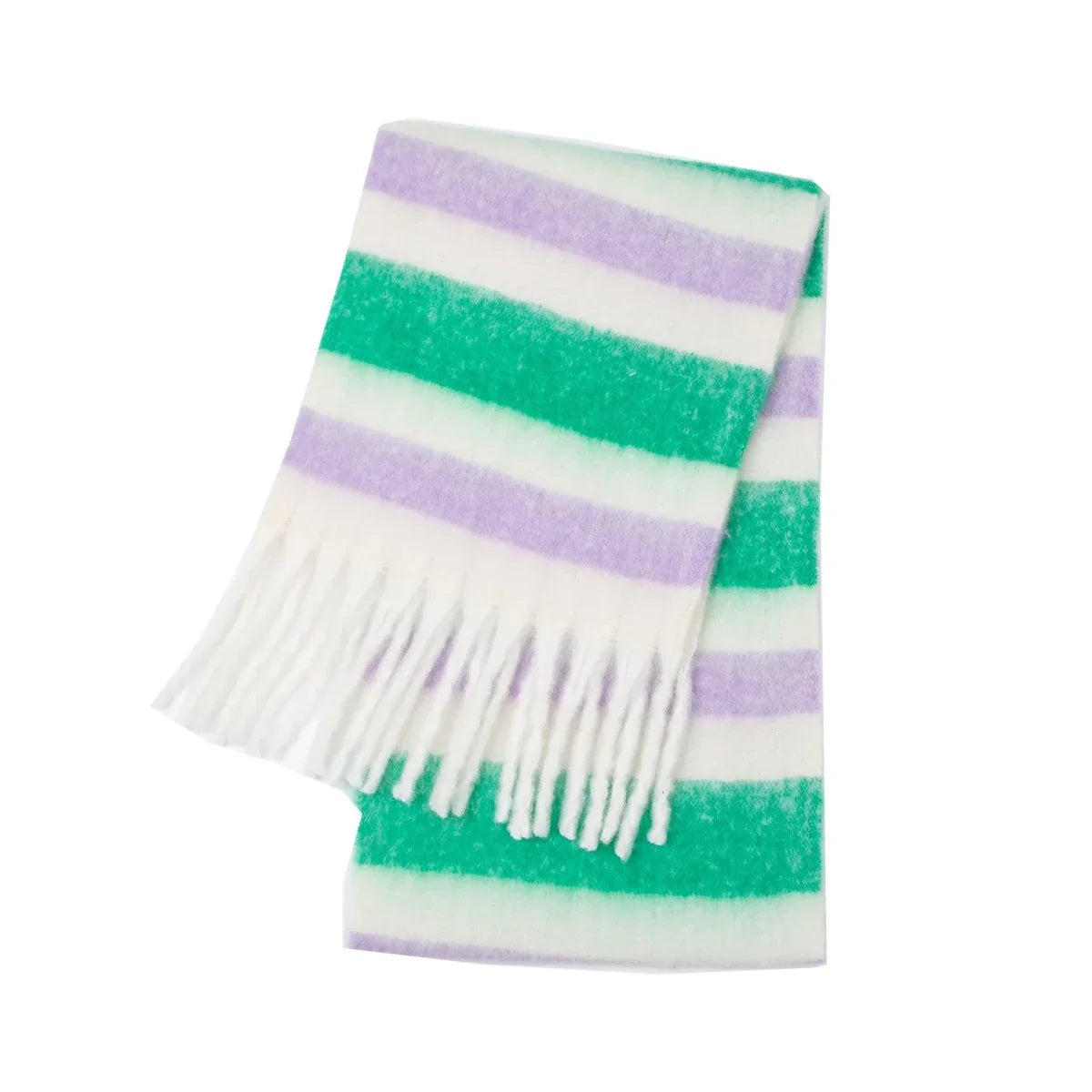 White with green and lavender striped cashmere winter scarf with fringe ends