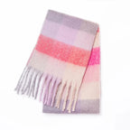 Pink and lavender striped cashmere winter scarf with soft white fringe ends