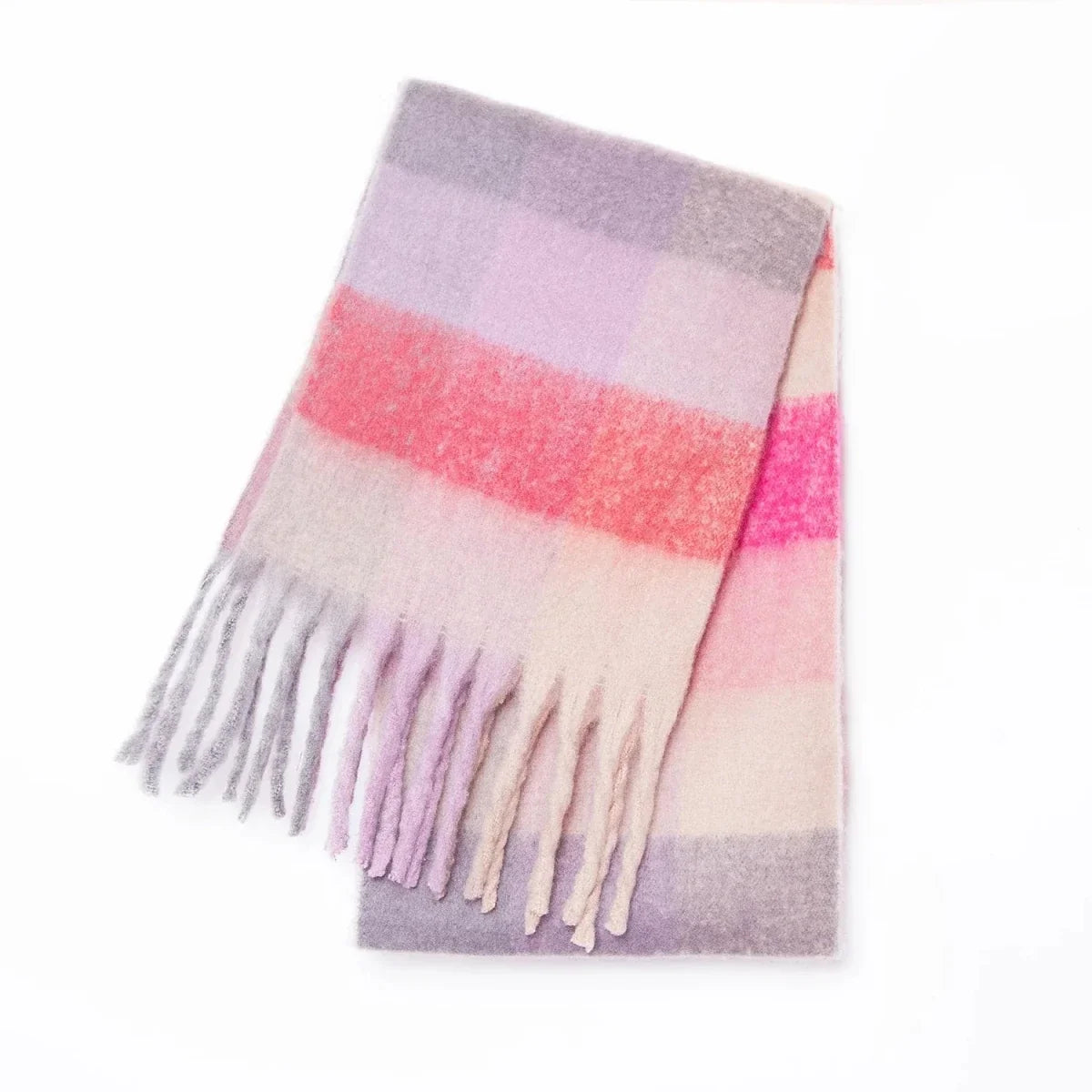 Pink and lavender striped cashmere winter scarf with soft white fringe ends