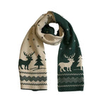 Double-sided knit scarf in dark green and cream with reindeer, tree, and zigzag borders