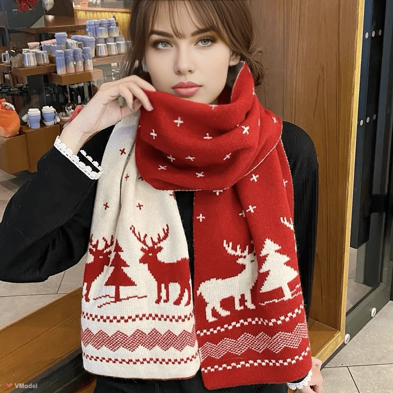 Red and cream knit scarf with reindeer, tree, and striped border pattern