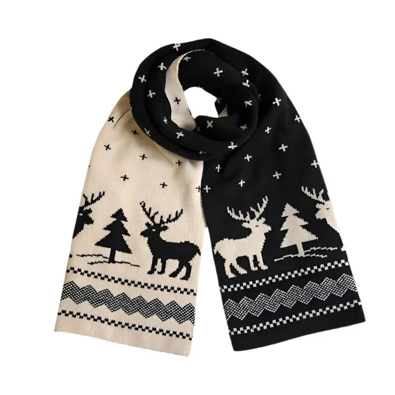 Black and cream knit scarf with reindeer, trees, and zigzag border pattern