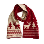 Double-sided knit scarf in red and cream with reindeer, tree, and zigzag borders