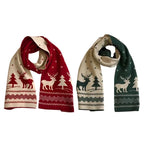 Double-sided knit scarf in red and green with cream festive reindeer and tree pattern
