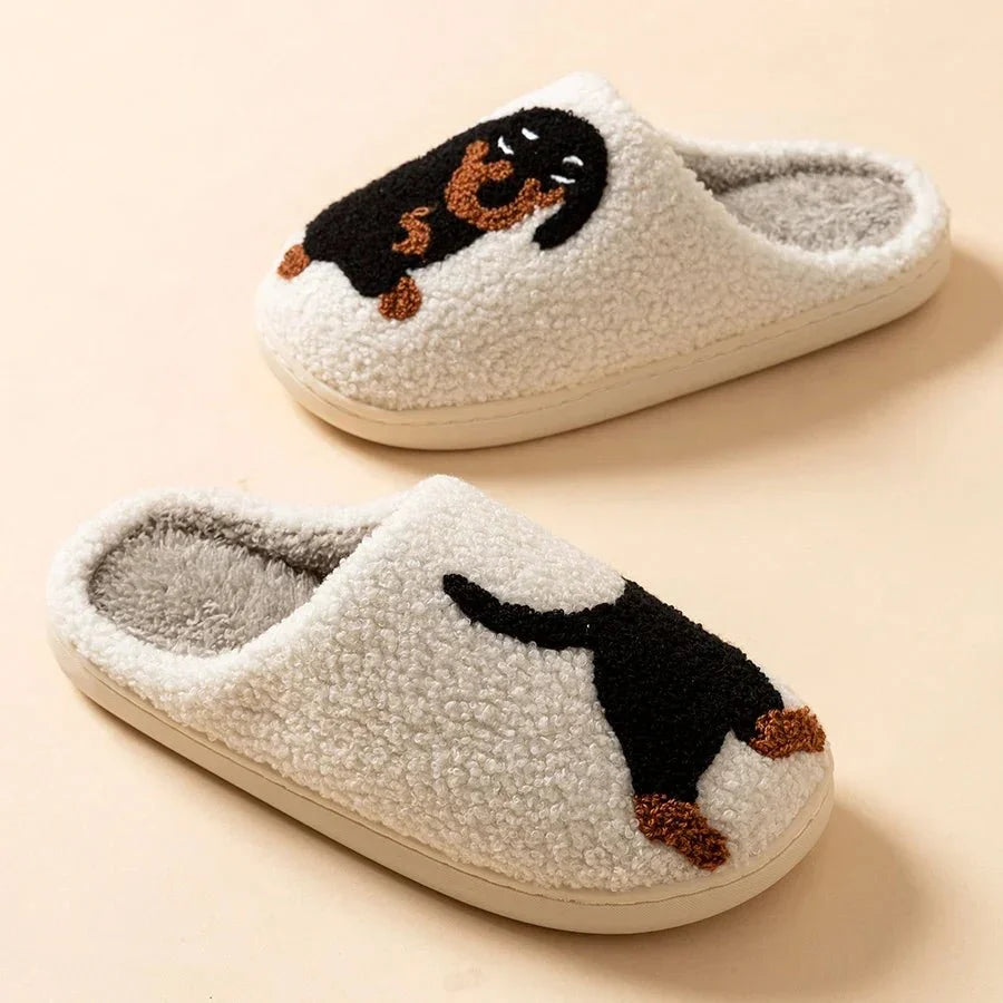 Cozy Winter Womens Plush Slippers With Black Dog Design - Nalani - UK Fashion Clothing and Decor