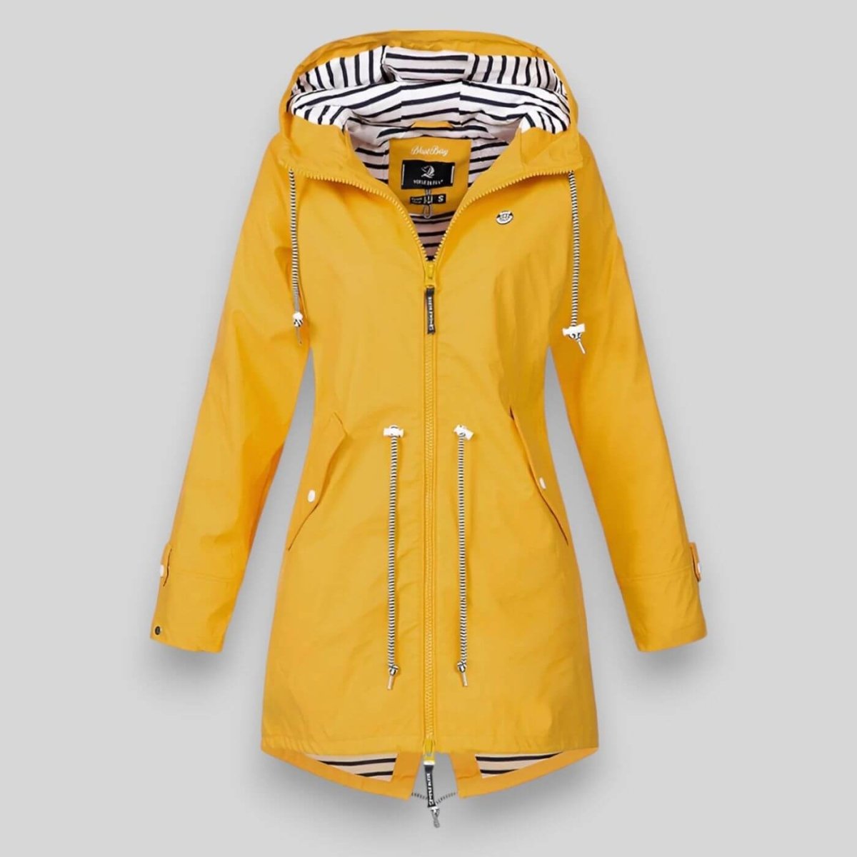 Yellow women’s hooded parka with striped hood lining, full zipper, and waist drawstrings.