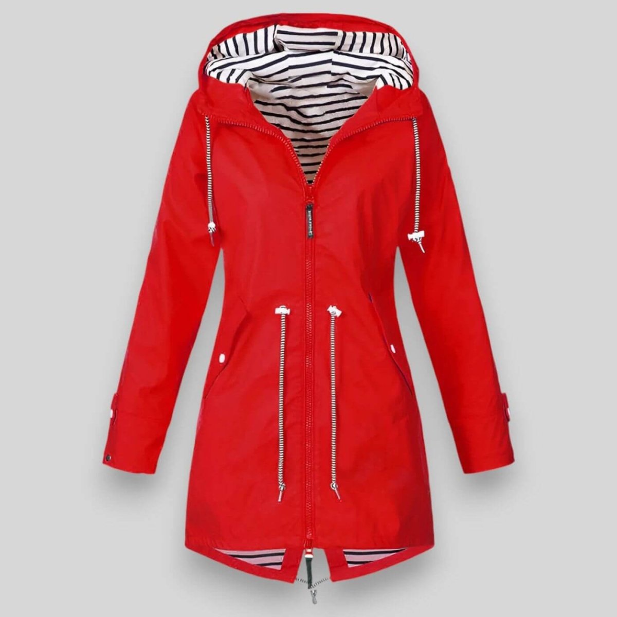 Red women’s hooded parka with striped hood lining, full zipper, and adjustable waist cords.