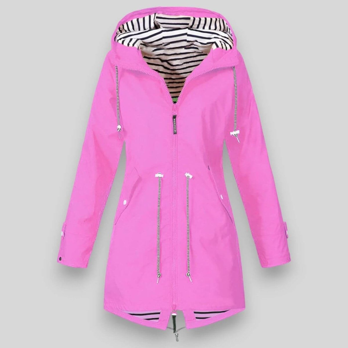 Pink women’s hooded parka with striped hood lining, full zipper, and double waist drawstrings.