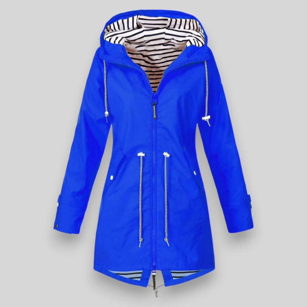 Blue women’s hooded parka with striped hood lining, full zipper, and adjustable waist cords.
