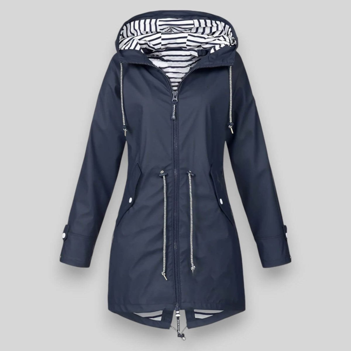 Navy blue women’s insulated parka with striped hood lining and double front zips.