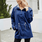 Navy blue women’s hooded jacket with full zipper and adjustable waist drawstrings.