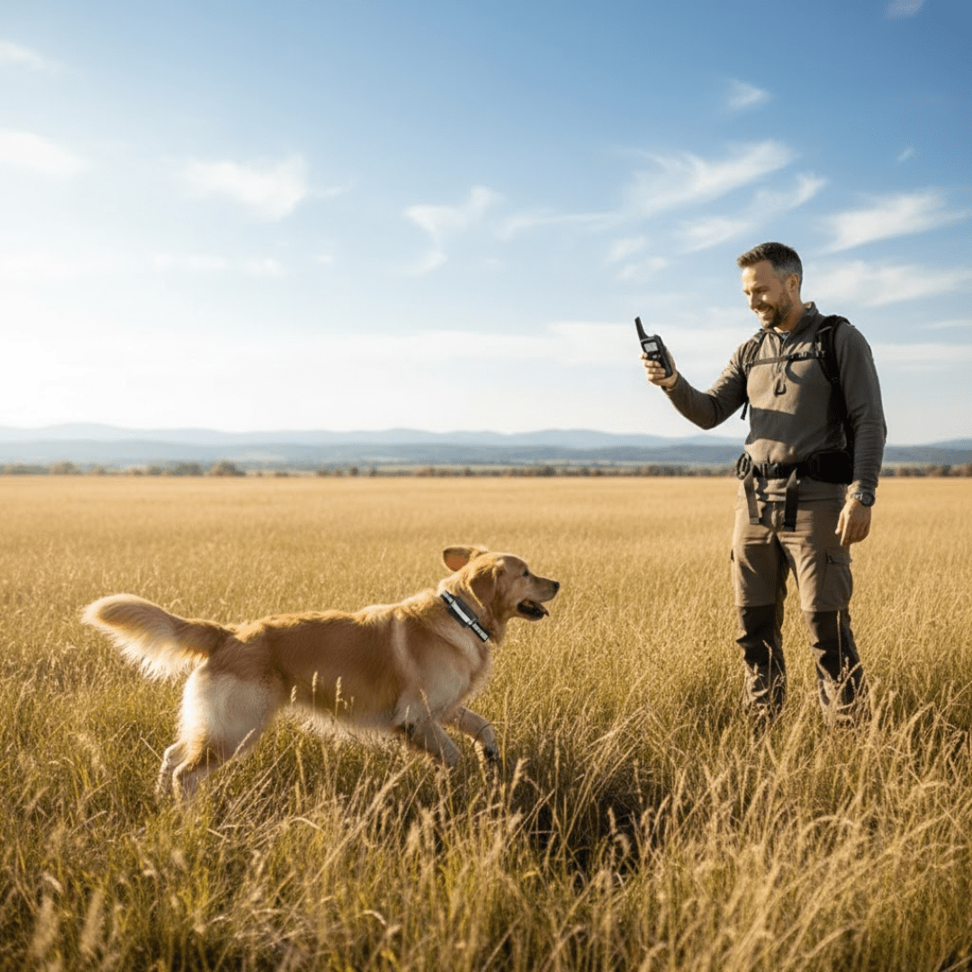 Remote training collar on a dog in a field, with handheld controller held up