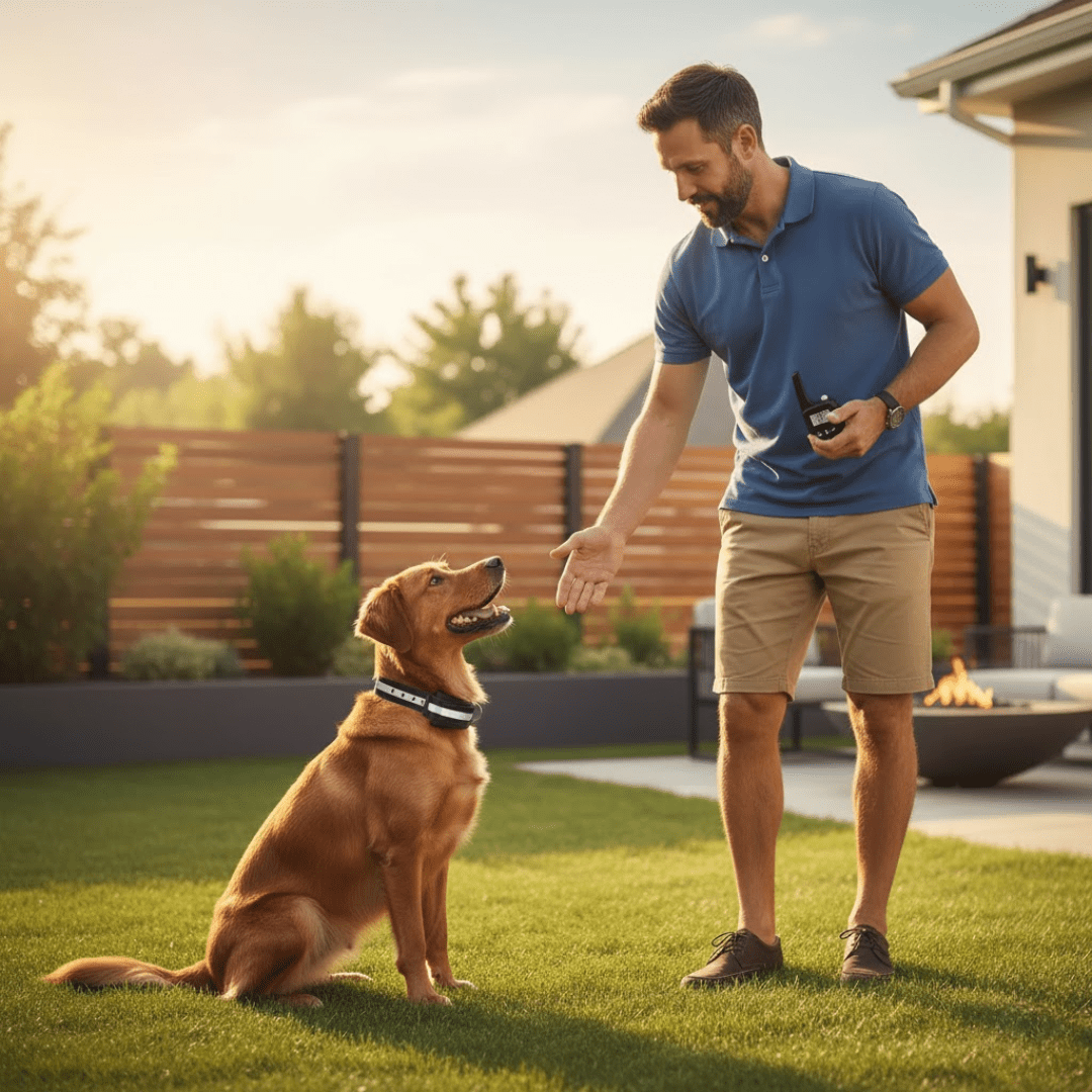 Remote dog training collar on a dog, with handheld controller held by a person