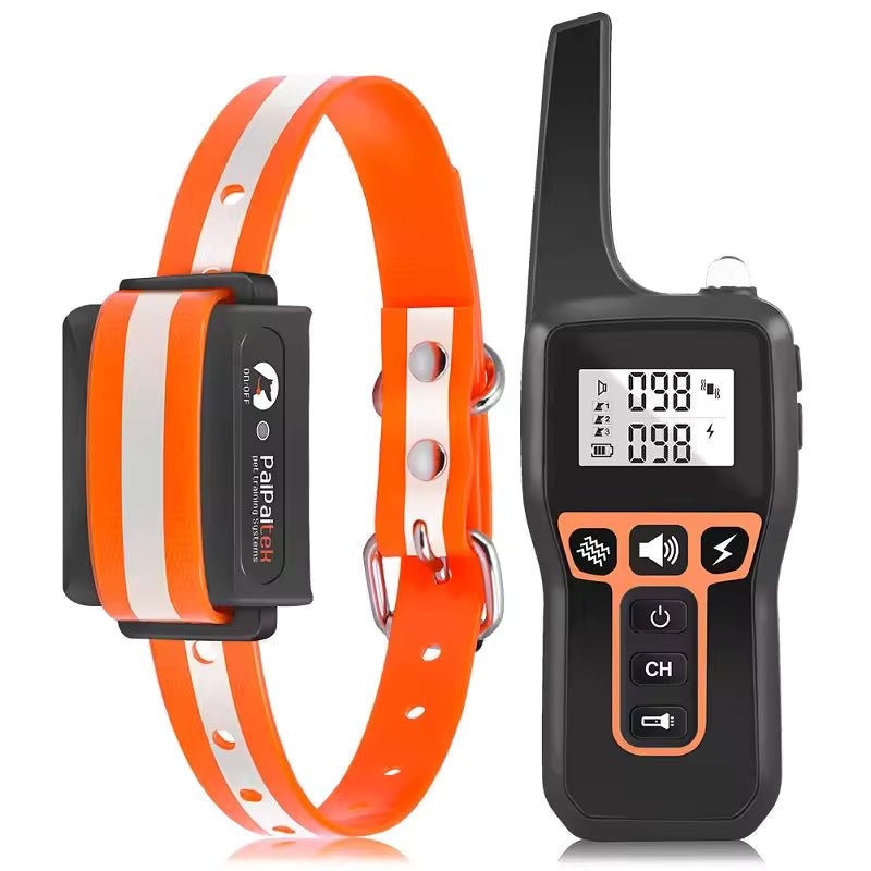 Orange remote dog training collar set with receiver collar and handheld controller