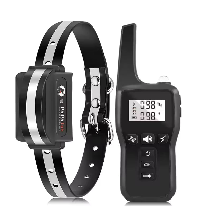 Black remote dog training collar set with receiver collar and handheld controller