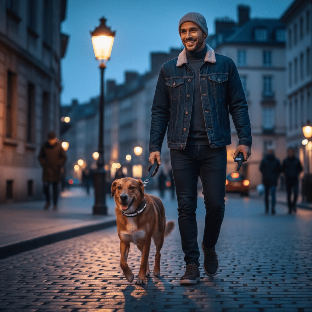 Remote dog training collar on a walking dog, controller held in hand