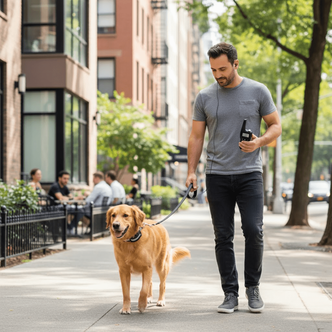 Dog wearing remote training collar with handheld controller in a city sidewalk scene