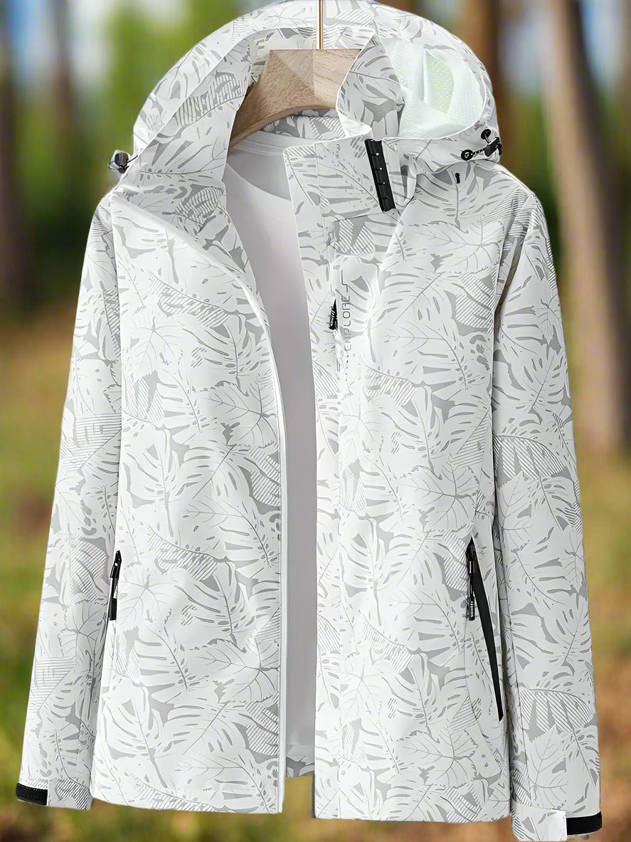 Women’s white hooded jacket with full-length zipper, leaf pattern, side pockets