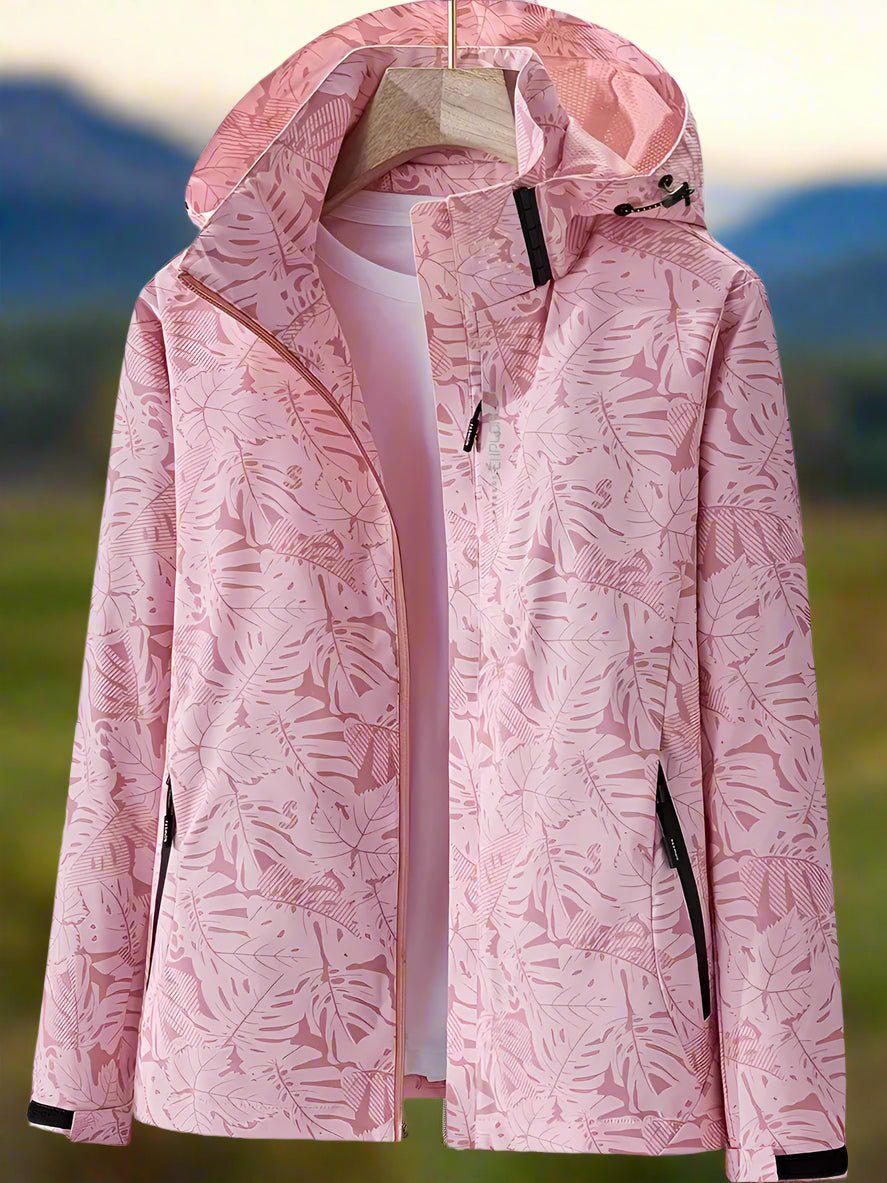 Women’s pink hooded jacket with full-length zipper, leaf pattern, adjustable hem