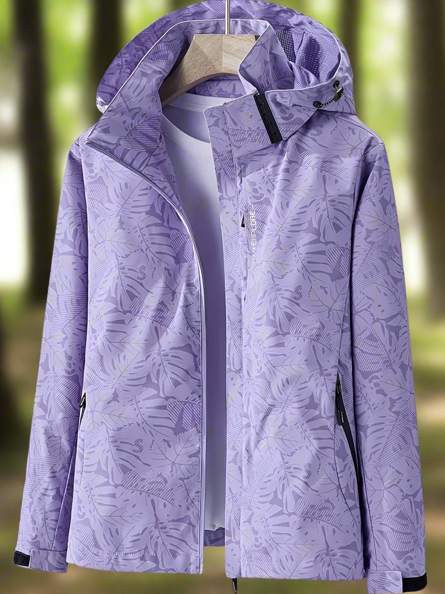 Women’s purple hooded jacket with full-length zipper, leaf pattern, front button placket