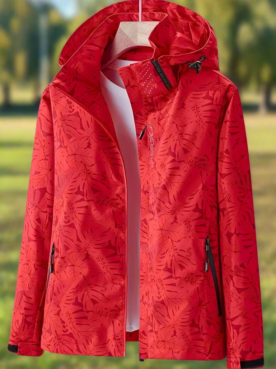 Women’s red hooded jacket with full-length zipper, leaf pattern, adjustable cuffs