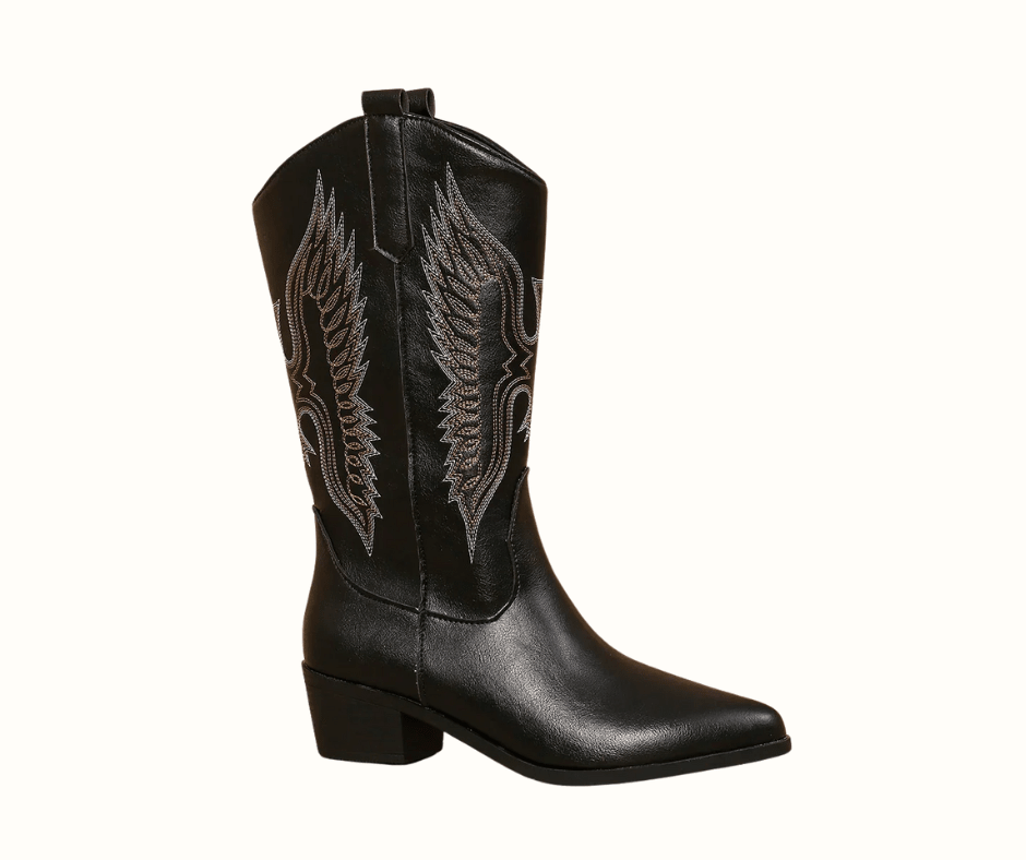 Women’s embroidered pointed-toe cowgirl boots in black with block heel and decorative panels.