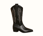 Women’s embroidered pointed-toe cowgirl boots in black with block heel and decorative panels.