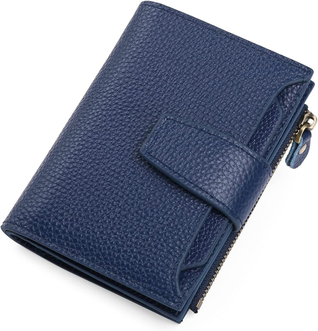 Compact genuine leather bifold wallet in royal blue with coin pocket zipper