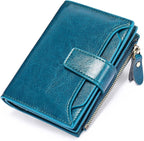Compact genuine leather bifold wallet in teal blue with coin pocket zipper