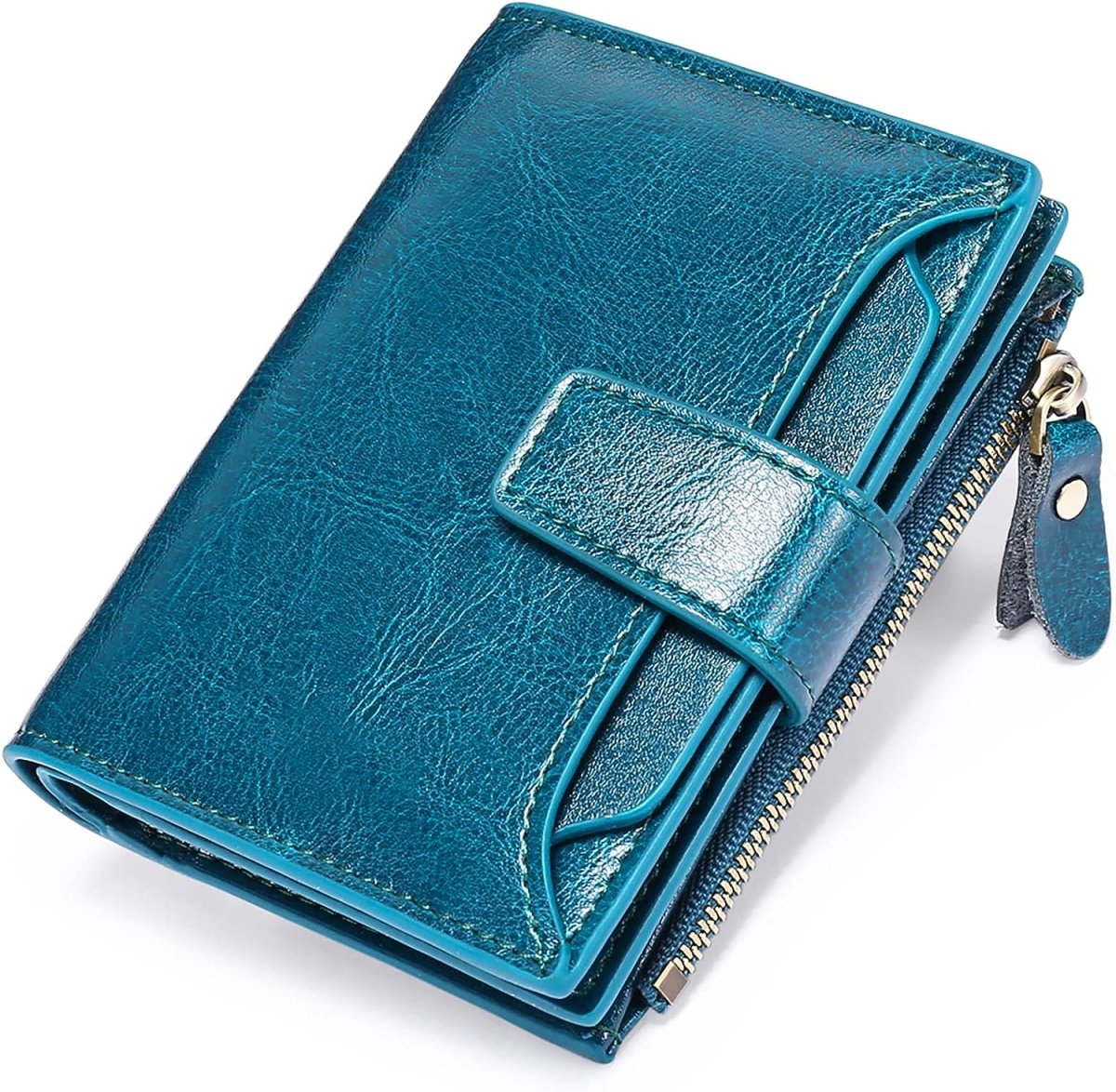 Compact genuine leather bifold wallet in teal blue with coin pocket zipper