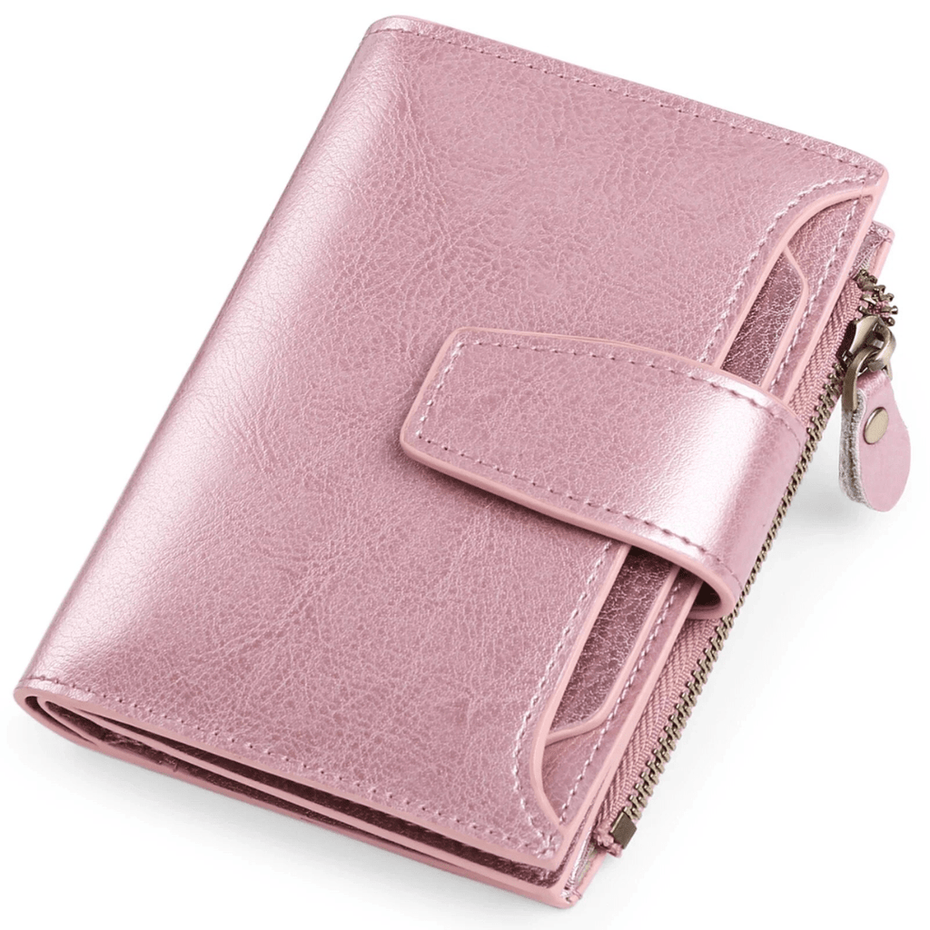 Compact leather RFID bifold wallet with coin pocket, light pink with snap tab
