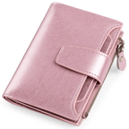Compact leather RFID bifold wallet with coin pocket, light pink with snap tab