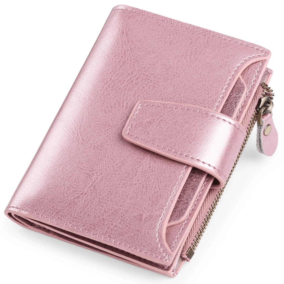 Compact leather RFID bifold wallet with coin pocket, light pink with snap tab